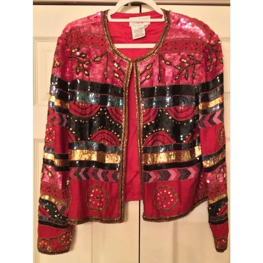 Papell Evening Vintage Silk Embellished Sequin Red Jacket